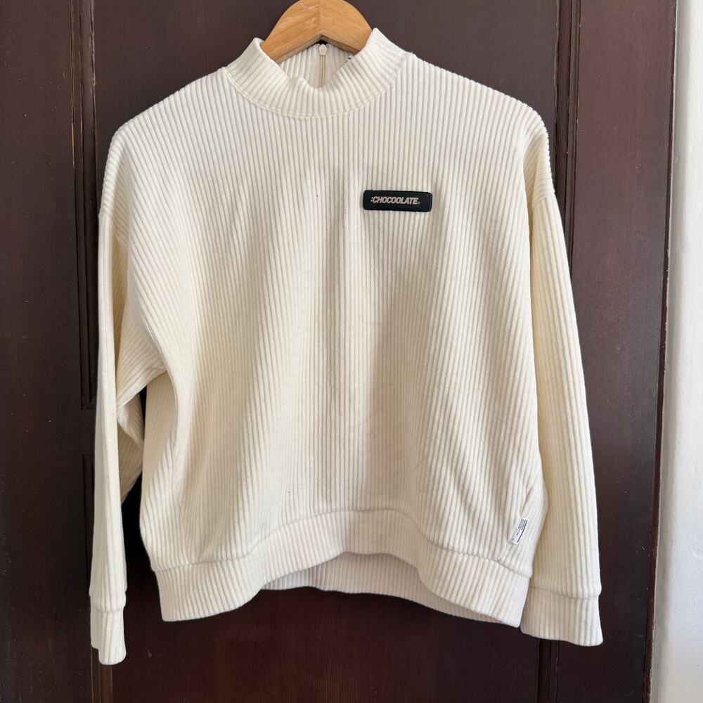 CHOCOOLATE | Cream Ribbed Mock Neck Long Sleeve Velour Top | Small